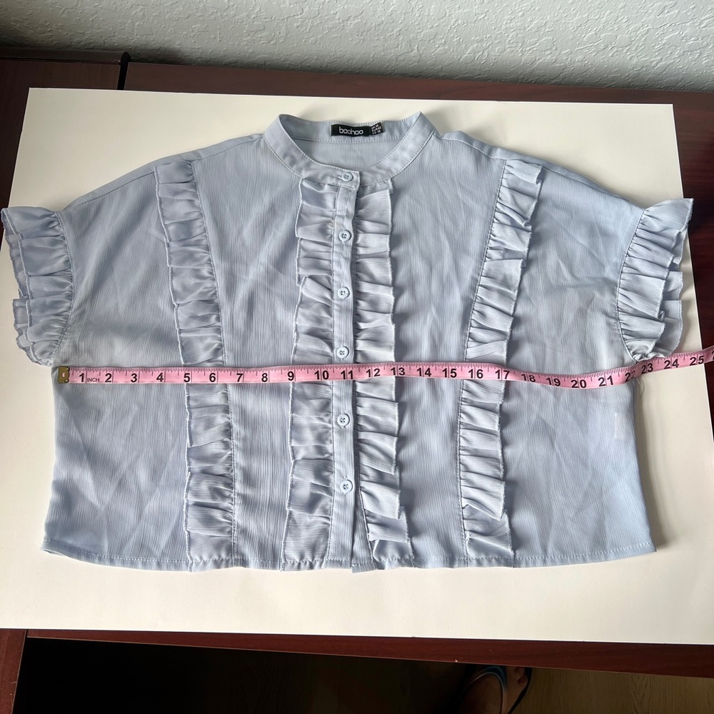 Light Blue Ruffled Button-Up Blouse - Picture 8 of 12
